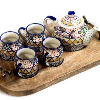 Hand Painted Ceramic Tea Set - 5 Pc With Wooden Tray